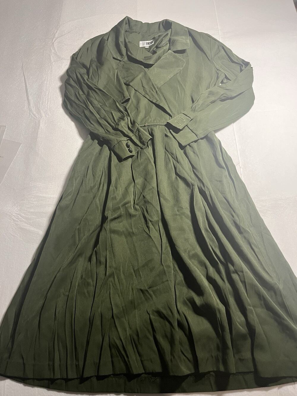 Vintage Petite Focus Women’s 10P Olive Green Trench Midi Dress Belt Missing
